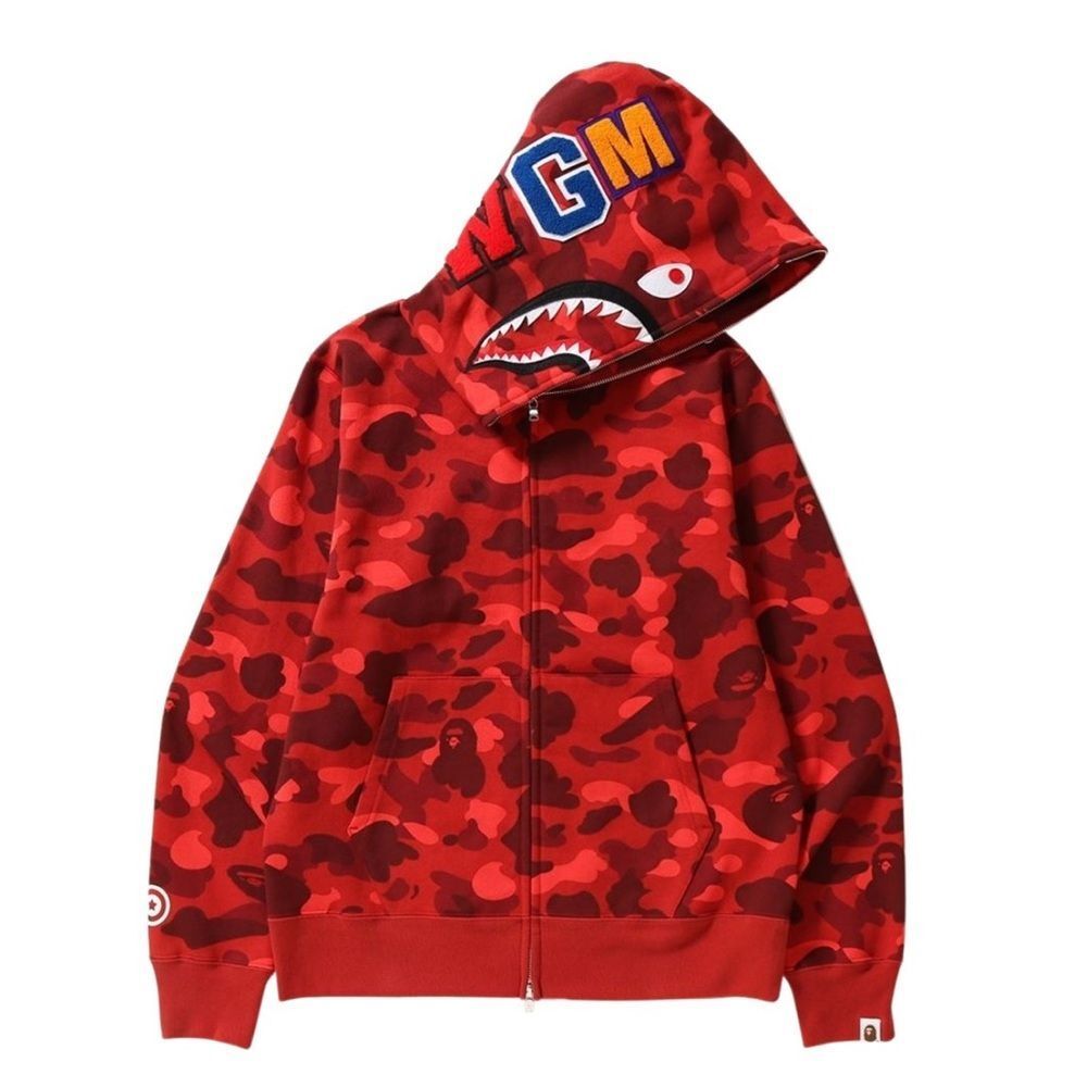 A BATHING APE MEN COLOR CAMO SHARK FULL ZIP HOODIE (RED) SMALL NWT IN PKG